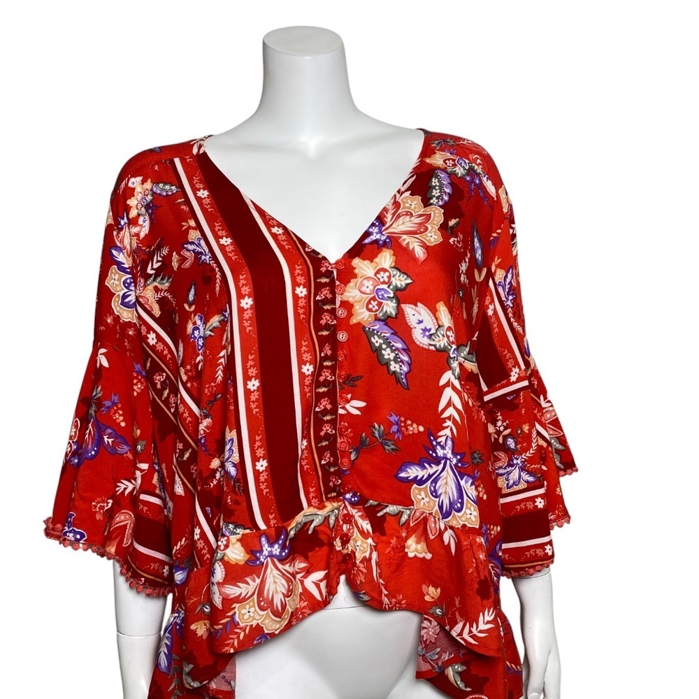 Jaase Button Up Top Womens Size L Ruffle Floral Bell Sleeve Boho Oversized